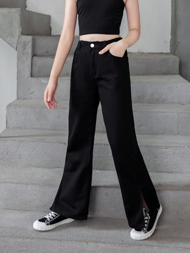 Verdusa Calça jeans longa feminina com botão S cintura elástica dividida lateral perna reta, Preto,