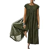 Akivide Women's Loose Cotton Linen Wide Leg Jumpsuits Casual Summer Short Sleeve Long Pants Rompers (Green, XX-Large)