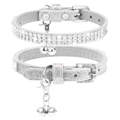 PUPTECK Basic Adjustable Cat Collar with Bling Diamond and Double Bells, for Kitten and Small Puppy, Fashion and Shining Dog Rhinestone Collars, 8-10in, Silver
