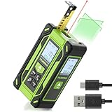 Huepar 4 in 1 Digitales Maßband Entfernungsmesser mit Laser und Dual HD Display, 60 m lasermessgerät, 10 m Kreuzlinienlaser grün und 3 m Maßband, 6 Einheiten, für Flächen/Pythagoreische/Nivellierung