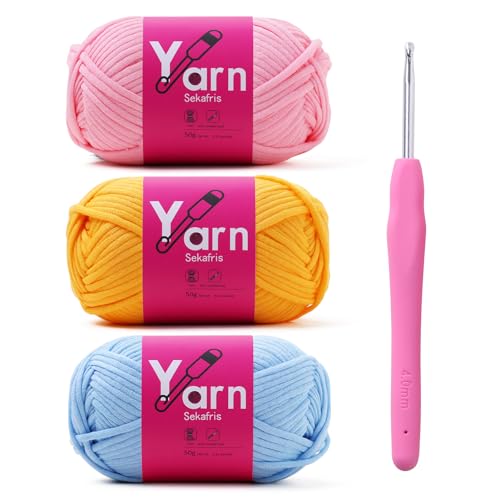 Image of Crochet Yarn 150g /163.5yds Cotton - Chunky Yarn for Crocheting - Easy-to-See Stitches - Golden Yellow, Pink, Pale Blue