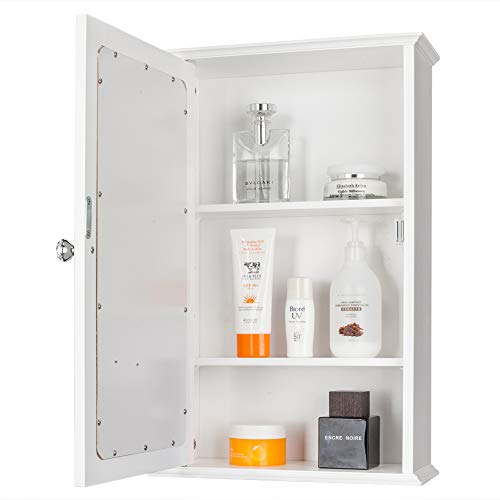 Kcelarec White Mirrored Bathroom Medicine Cabinet, Wall Mount Bathroom Storage Cabinet with with Single Glass Door & Adjustable Shelf