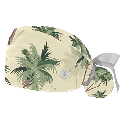 IROLSKDNFH 2 Pcs Working Cap with Buttons Sweatband Tropical Palm Trees Pattern Retro Ribbon Tie Back Bouffant Hats