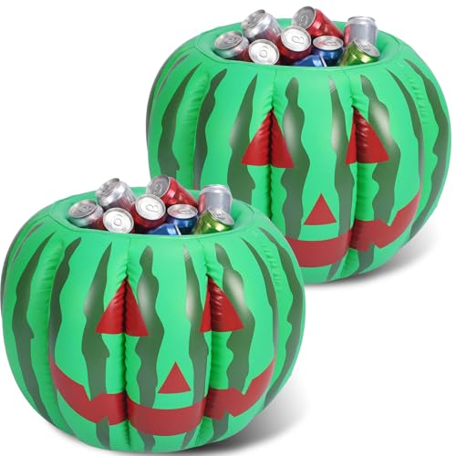 Potchen 2 Pack Summer Halloween Inflatable Watermelon Coffin Cooler Pool Float Large Capacity Ice Chest Drink Beverage Cooler for Summer Halloween Party Spooky Decor Pool Party Picnic Barbecue
