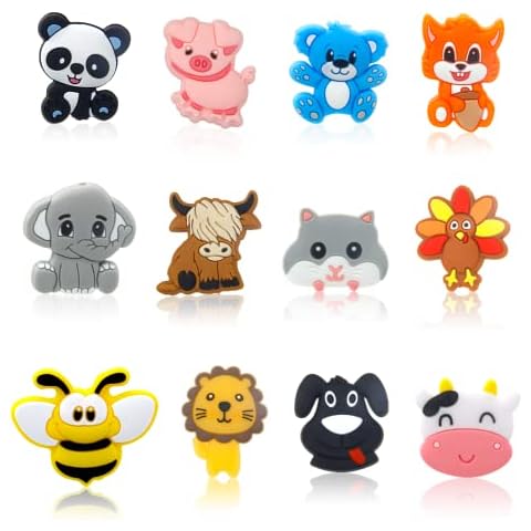 HUIKANGSHENG 12 Pcs Animal-Beads Cow-Beads Silicone-Beads for Making Keychains Pen Bracelets Wristlet Lanyard Craft, Shaped-Beads Cute Colorful Flat Spacer-Beads Cover