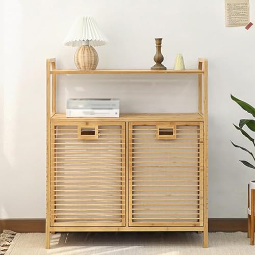 Bamboo Laundry Hamper Cabinet with 2 Removable Liners - Double Tilt-Out Design for Clothes, Towels, and Toys - Elegant Space-Saving Bathroom Organiser