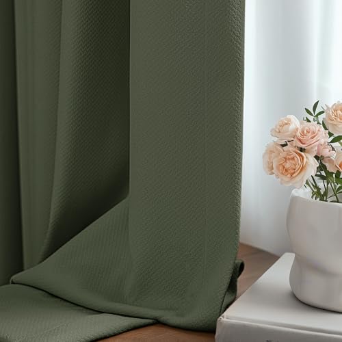 Image of FMFUNCTEX 100% Blackout Curtains for Bedroom, Olive Green Curtains 84 Inches Long Textured Thermal Insulated Curtains for Living Room Drapes, Black Out Drapery Grommet Room Darkening 2 Panels