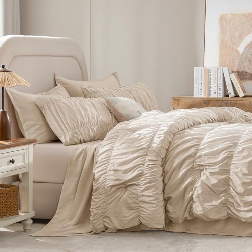 Image of Andency Ruched Oversized Queen Comforter Set Beige, 7 Pieces Ruffle Bed in a Bag, Shabby Chic Pleat Bedding Set with Comforter, Sheets, Pillowcase & Sham, Lightweight, Soft, All Season