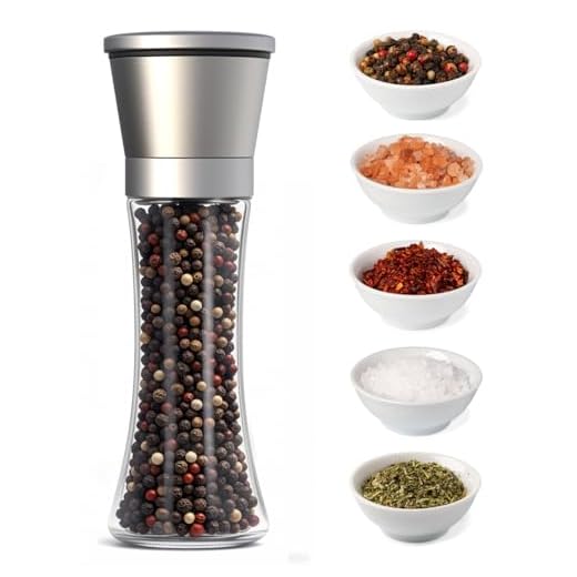 1 Pack Salt & Pepper Grinder - Stainless Steel Glass Manual Mills, Refillable Adjustable Coarseness