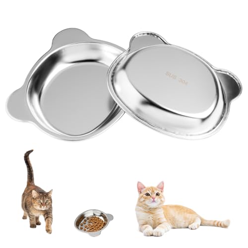 2 Pz Ciotole per Gatti in Acciaio Inox, Ciotole Piatte per Gatti, Ciotola per Bere Antiscivolo, Ciotola per Cibo per Gattis, cibo umido e secco per gattis