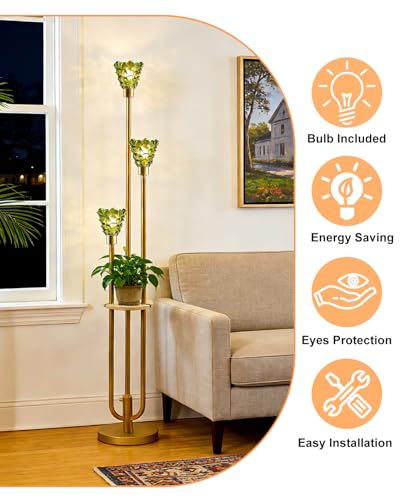 Image of Lightdot Green Glass Floor Lamp with Shelf, 63IN Mid Century Modern Gold Standing Lamps with 3 3000K Soft Warm White Bulbs Included, Floor Lamp with 5Lbs Heavy Base for Living Room /Wedding /Office