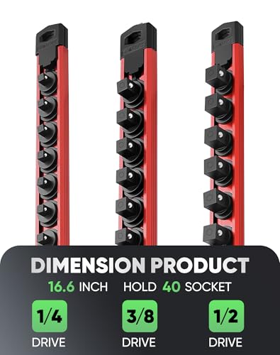 Image of ALOANES Magnetic Socket Organizer Set, 3-Piece Heavy Duty Aluminum Socket Rails, 360 Swivel Clips Socket Rail Kit for Tool Tray Drawer Fit 1 /2, 3 /8, 1 /4-Inch x 40 Clips (Red, 3PC)