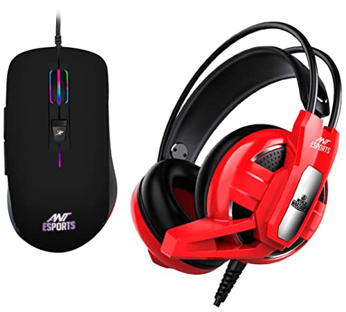 Image of Ant Esports H520W World of Warships Edition Wired Over Ear Headphones with Mic (Red) & GM100 RGB Optical Wired Gaming Mouse | 4800 DPI for FPS and MOBA Games Black
