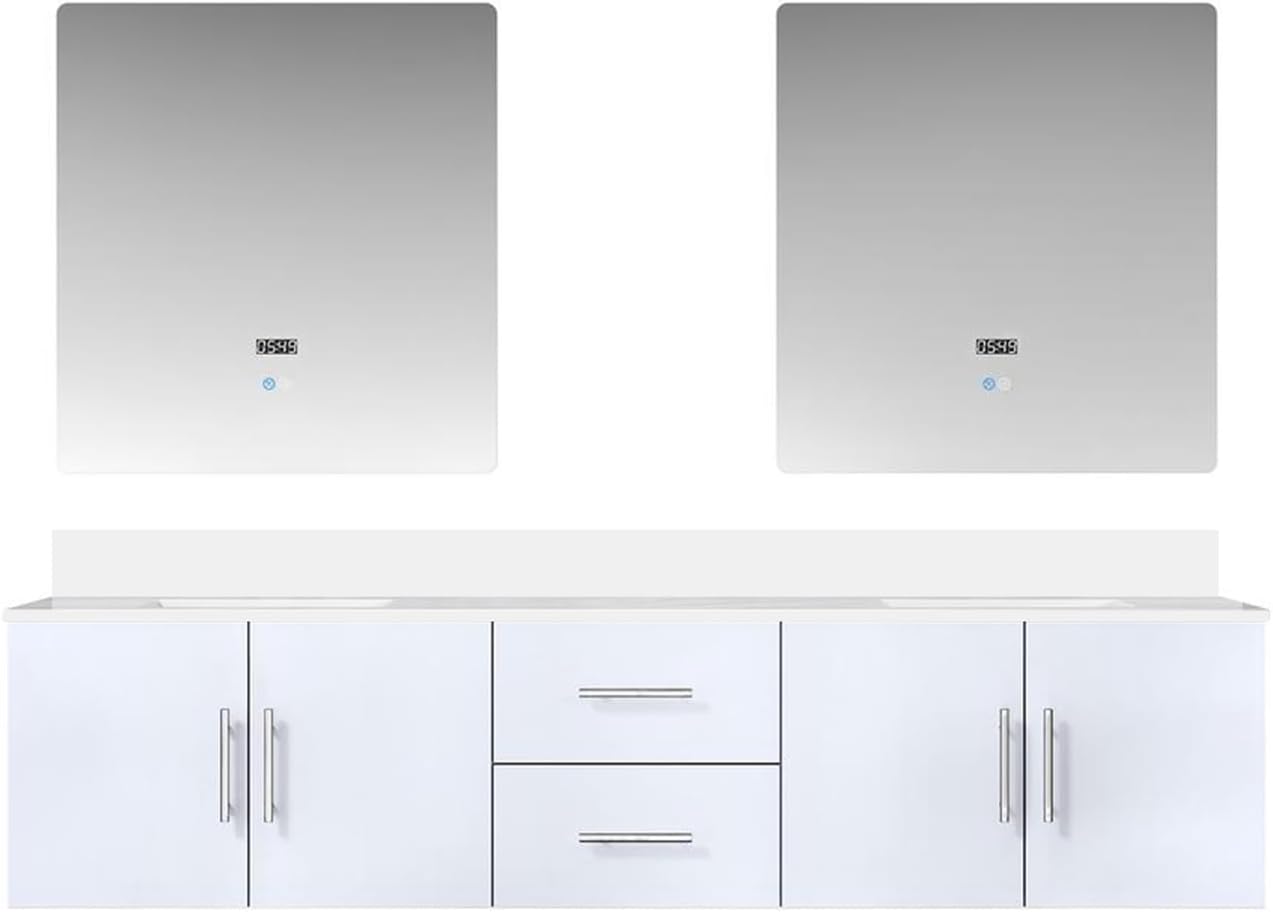 Geneva 80 in. W x 22 in. D Glossy White Double Bath Vanity, White Quartz Top and 30 in. LED Mirrors