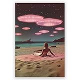 LuminDaze Alien Beach At Night Poster Retro Universe Space Wall Art Vintage Futuristic Home Wall Decor Universe Sci-Fi Canvas Painting Space Adventure Print 12x18inch Unframed, style-2
