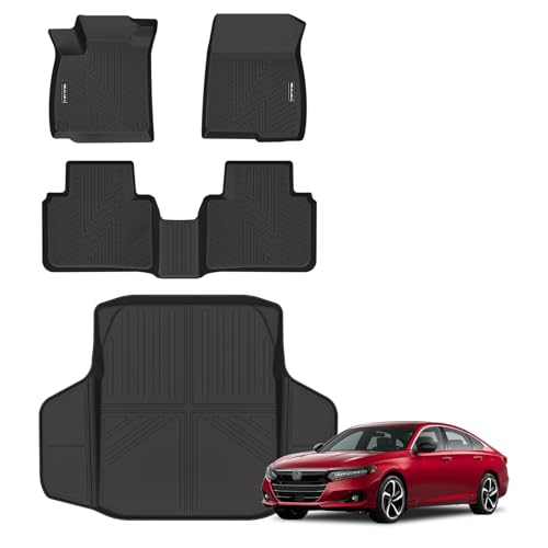 Floor Mats & Cargo Liner for 2018-2021 2022 Honda Accord (Include Hybrid) All Weather Protection TPE Rubber Full Set Automotive Floor Liners for 2020 Accord Accessories Odorless Anti-Slip Black