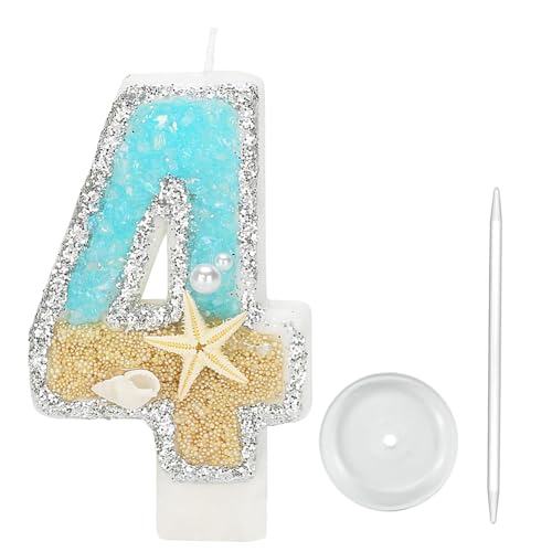 Birthday Number Candle, Starfish Glitter Sequins Number Candle, Sea Ocean Beach Themed Numeral Birthday Candles (Number 4)
