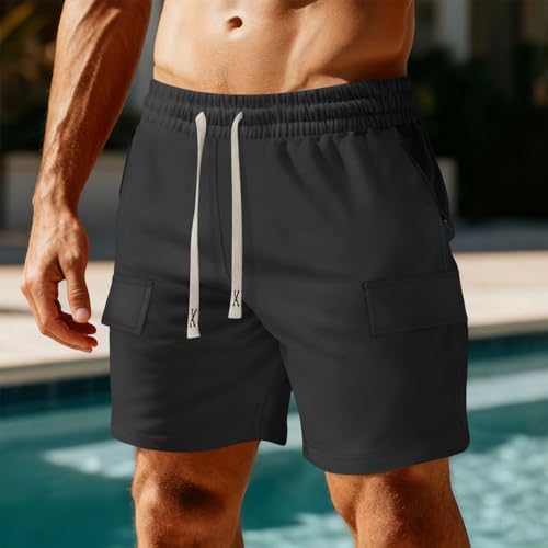 Image of Mens Casual Cargo Shorts Outdoor Elastic Waist Drawstring Sweat Shorts Breathable Gym Workout Jogger Shorts Summer