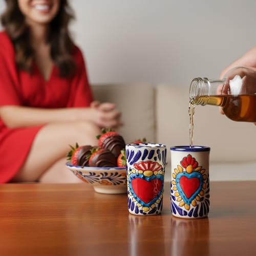 Image of Talavera Shot Glasses Set of 4 Authentic Mexican Tequila Shot Glasses - Hand-painted - 2 Oz (Azure Heart)