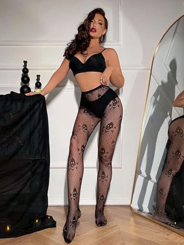 Image of CanB Skull Fishnet Stockings Sexy High Waist Tights Halloween Pumpkin Thigh High Pantyhose for Women