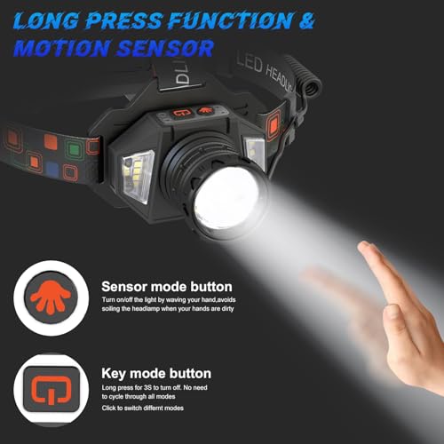 Linterna frontal potente LED con sensor y 9 modos de luz recargable ajustable a 90 grados 2