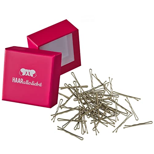 HAARallerliebst 50 Mini Haarklammern Haarnadeln Bobby Pins kurz beige für Blonde Haare 3,4cm klein in Pinker Box (Schachtelfarbe: Pink) Cover
