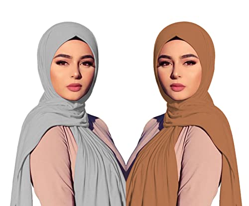 2PCS Solid Color Jersey Hijab Lightweight Soft Muslim Head Scarf Long Scarf Wrap Scarves for Women