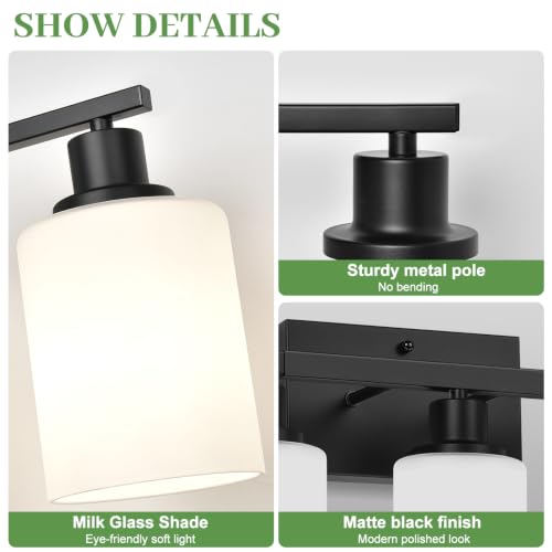 Image of MOKATNG 7-Light Bathroom Light Fixtures, Vanity Light with Milky White Shades, Matte Black Bathroom Light Fixtures Over Mirror, Modern Bathroom Wall Lamp for Mirror Living Room Cabinet Bedroom