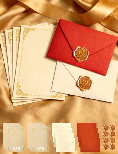 Papier A Lettre avec Enveloppe, 36 Pièces L'ensemble Papeterie avec 20 Papier Kraft A5 Vintage, 8 Enveloppes & Sceau Cire Autocollants, pour Love Letter Mariages Invitations Anniversaire Carte Voeux