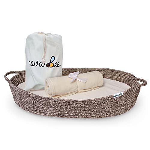Image of Baby Changing Basket- Cotton Rope Changing Table Topper Moses Basket, Thick Foam Pad with Removable Cotton Cover- Storage Bag and Plush Blanket- CPSC Safety Compliant- Boho Decor in Coffee Color