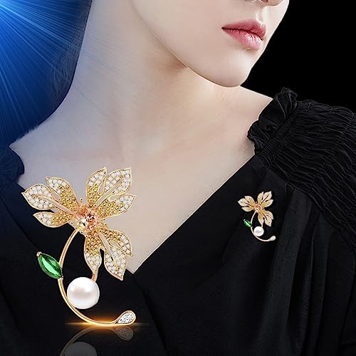 Image of Flower Floral Pearl Brooch Rhinestone Crystal Brooch Leaf Bouquet Brooch Pin Fashion Dress Accessories Birthday Graduation Jewelry Gift For Women