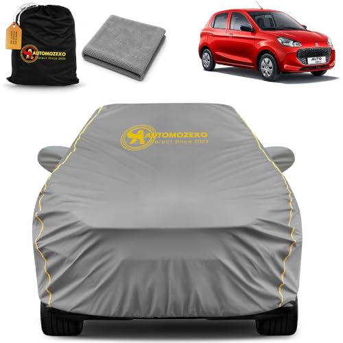 Image of Maruti Alto K10 100% Waterproof Car Cover for All Weather Protection with Mirror Pocket Inner Cotton Layer Triple Stitched Cover with Adjustable Belt Bottom Elastic to Secure Fit -Grey