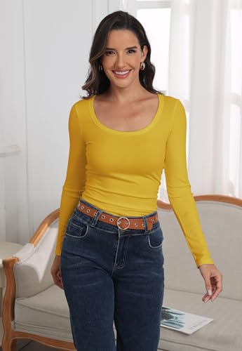 Image of Roselux Womens Long Sleeve Scoop Neck Ribbed Knit Fitted Casual Tops Tee Slim Basic Shirts