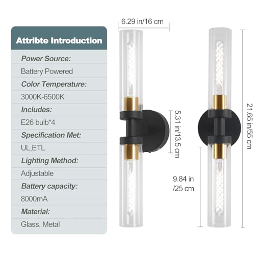 Image of Battery Operated Wall Sconces, Wall Sconce Set of 2, 3000K-6500K Black Rechargeable Wall Lamp with Remote, Indoor Non-Hardwired Wall Lamps, Modern Vanity Light for Bedroom, Living Room, Aisle