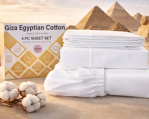 MyGiza Sheets,100% Certified Giza Egyptian Cotton Sheets-King Size Giza Cotton Sheets Set to Fit Upto 18 Inches Deep Mattress (4 Pcs) White