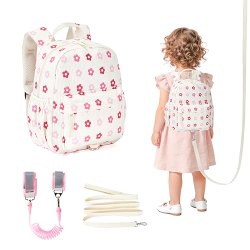 KingCheer Mochila infantil de veludo cotelê com coleira removível e elos de pulso antiperda, arnês de segurança, mochila de caminhada para meninos e meninas de 1 a 3 anos, linda mochila de viagem