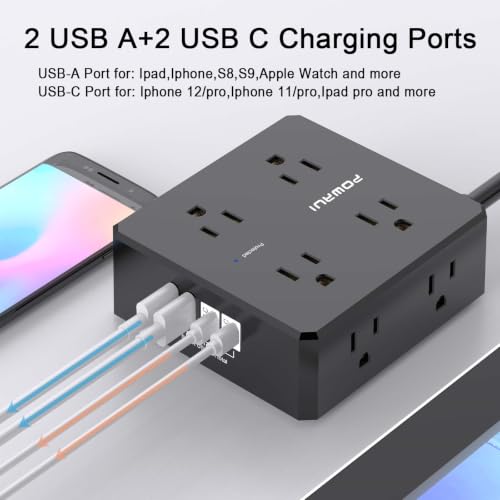 Image of Surge Protector Power Strip - 6 Ft Flat Plug Extension Cord with 8 Widely Outlets and 4 USB Ports(1 USB C), 3 Side Outlet Extender for Home Office, Black, ETL Listed