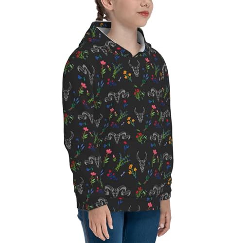 Skull with Flower Kids Pullover Hoodies Boys Sweatshirts Girls Athletic Clothes with Pocket3