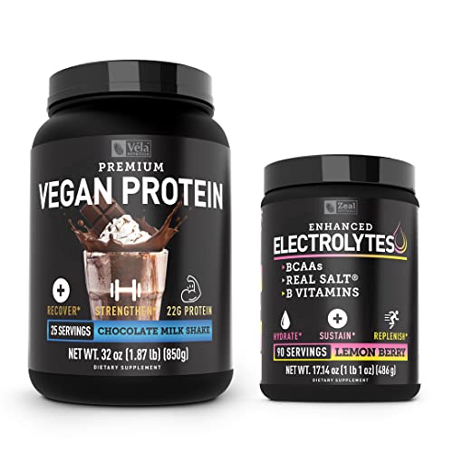 Electrolyte Powder Recovery Drink (90 Servings | Lemon Berry) W Real Salt +Bcaas +B-Vitamins Sugar Free Electrolyte Supplement + Véla Vegan Plant Protein Chocolate | 25 Servings With Vegan Bcaas Green #TOP17