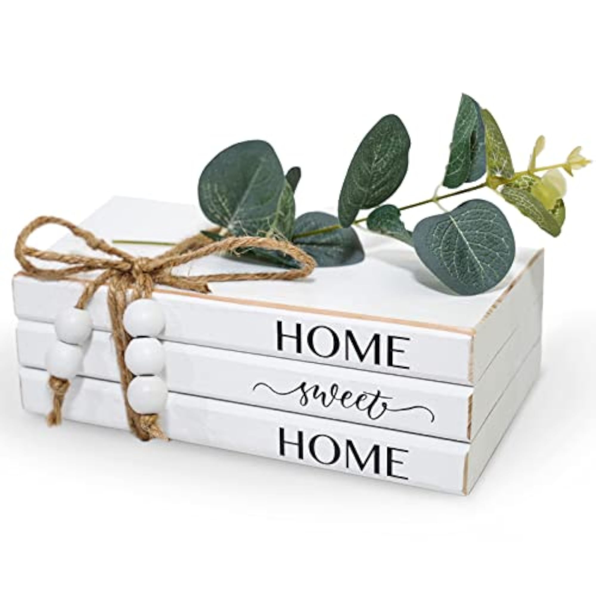 Rustic Decorative White Books, Wooden Farmhouse Book Stack