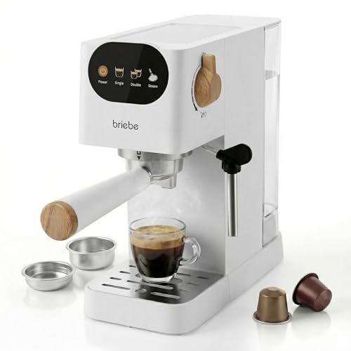 briebe Nordic Cafetera Espresso 20 Bares Compatible Cápsulas Nespresso y Café Molido, Máquina Café Semiautomática Profesional 1350W, Espumador Leche, Pantalla Táctil, 1,2L, Diseño Nórdico, Blanco
