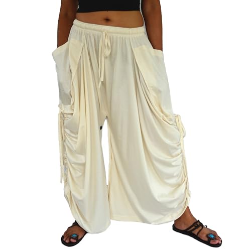 Sakoonee Women's Harem Pants Palazzo Dhoti Lounge Trousers, Convertible to a Skirt 2 Pockets Cotton, One Size, Elastic Waist Cream