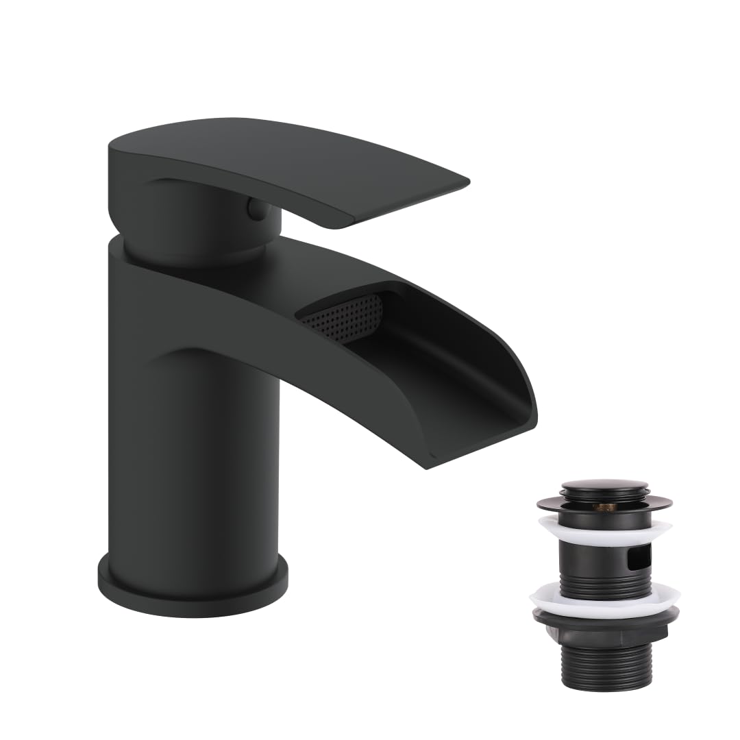 VeeBath Stream Robinet mitigeur de lavabo rond cascade mono, finition noire mate, levier unique, robinet d'évier moderne avec bonde de vidage, robinet de salle de bain monté sur le plateau, design