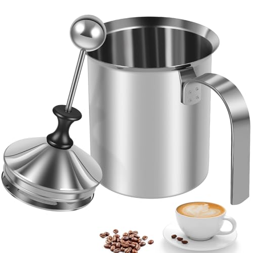 RVEFOT Manual Milk Frother 400ML 304 Stainless Pump Milk Foamer with Handle Lid Double Mesh Cold Cappuccino Foamer Handheld Milk Creamer for Coffee Matcha