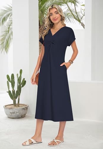 WNEEDU Women Summer Midi Dress Twist Front V Neck Short Sleeve Loose Casual Pockets,Navy Blue,XL — view 4