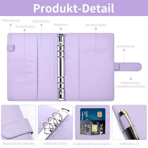 A5 Binder, PU Leder Ringmappe, Nachfüllbarer Budget Organizer, Notizbuch A5 Ringbuch Planer für Arbeit, Reisen und Organisation (Lila)