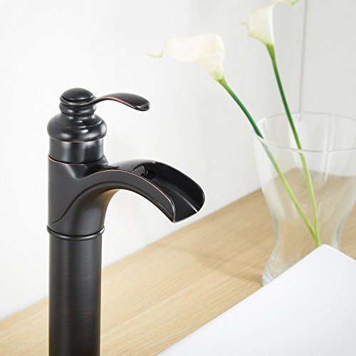Bathfinesse Vessel Sink Faucet Oil Rubbed Bronze Waterfall Tall Bathroom Faucets Vanity Sink Commercial Deck Mount Single Handle One Hole Lavatory Mixer Tap Supply Lines Hose Lead-Free #TOP4