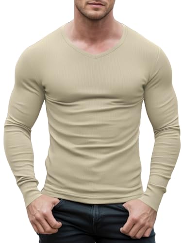 Agilelin T-Shirt Coupe ajustée pour Homme,sous-vêtement Thermique,T-Shirt Décontracté col en V（Khaki/L