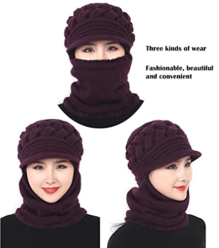 Fleece Lined Womens Beanie Knit Hat, Winter Scarf Mask Set,Middle-Aged And Elderly Mother Warm Hat Earmuffs Cap (One Size, Dark Purple) #TOP5