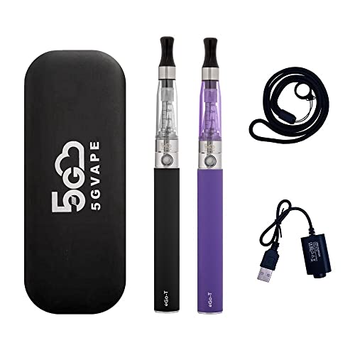 5GVAPE Electronic Cigarette 2 Packs eGo-T 1100mAh USB Rechargeable Battery eGo CE4 Atomizer Refillable Shisha Starter Kit,E Cigarettes Vape Pens Vaporiser Kit,No E-Liquid No Nicotine (Black Purple)